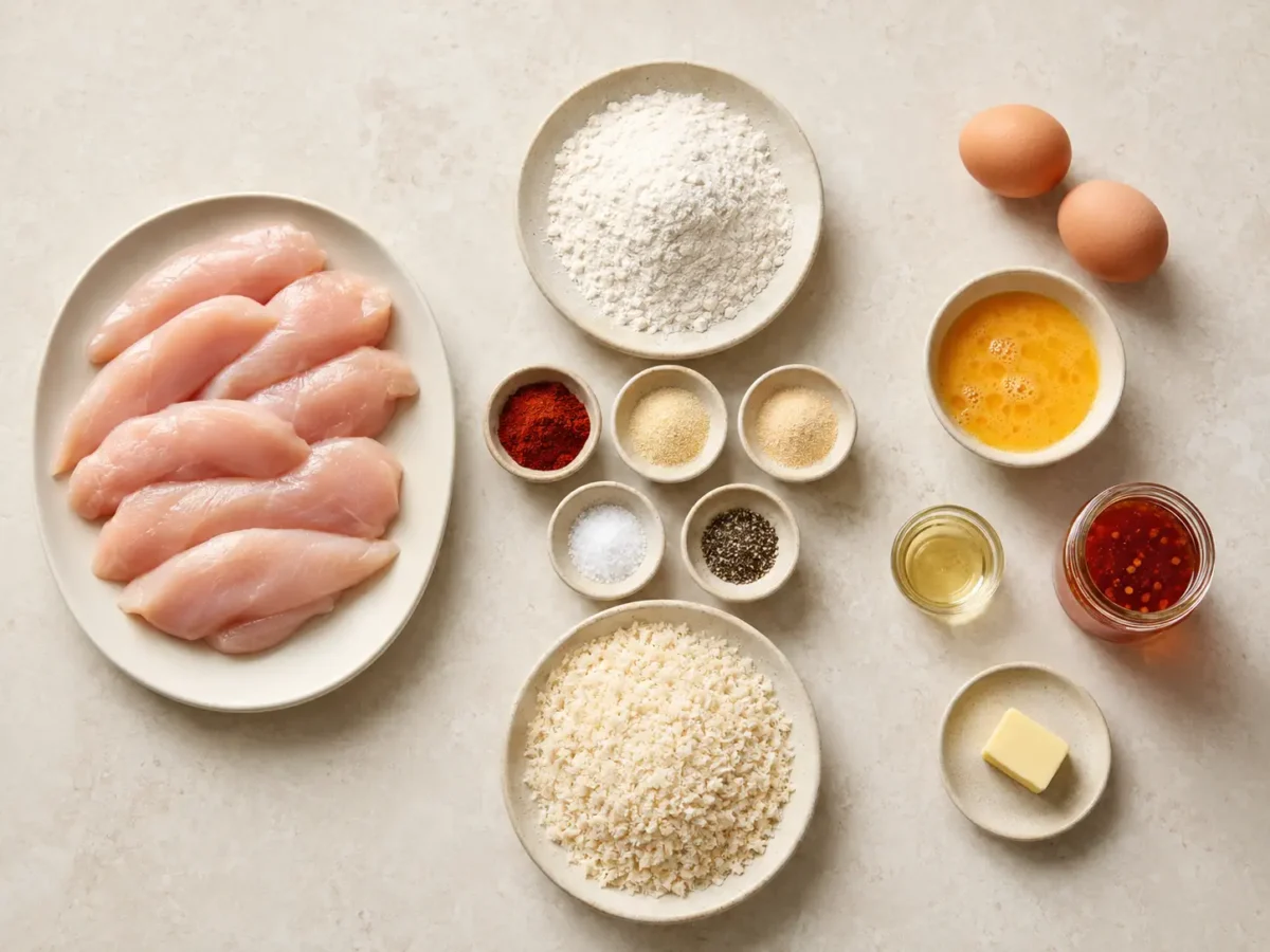 Chicken tenderloins, flour, eggs, panko, seasonings, oil, and hot honey arranged for the recipe