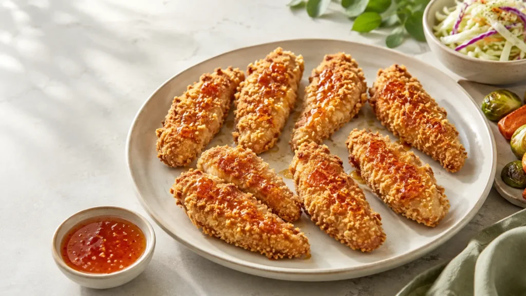 Crispy baked hot honey chicken tenders finished with a glossy sweet and spicy drizzle