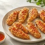 Crispy baked hot honey chicken tenders finished with a glossy sweet and spicy drizzle