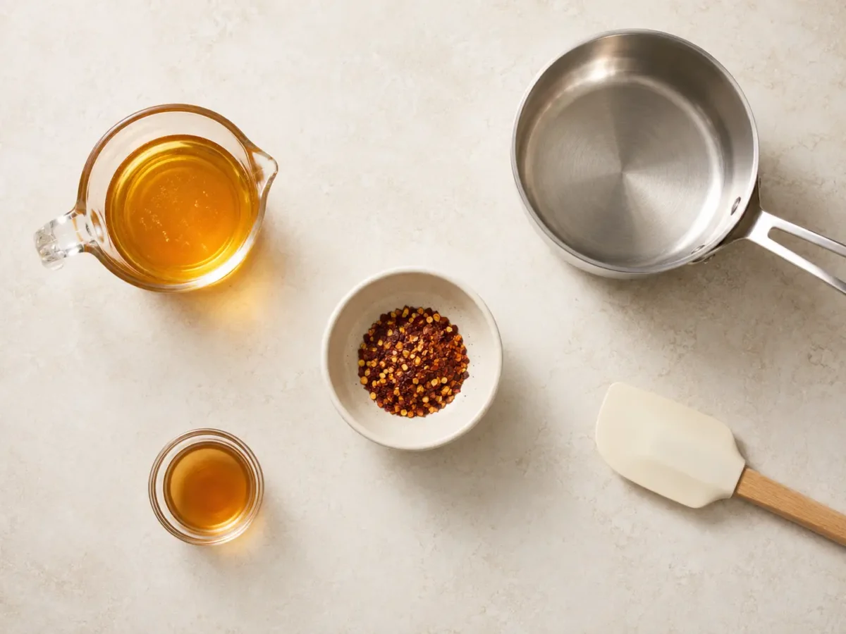 Honey, crushed red pepper flakes, and apple cider vinegar measured for homemade hot honey 