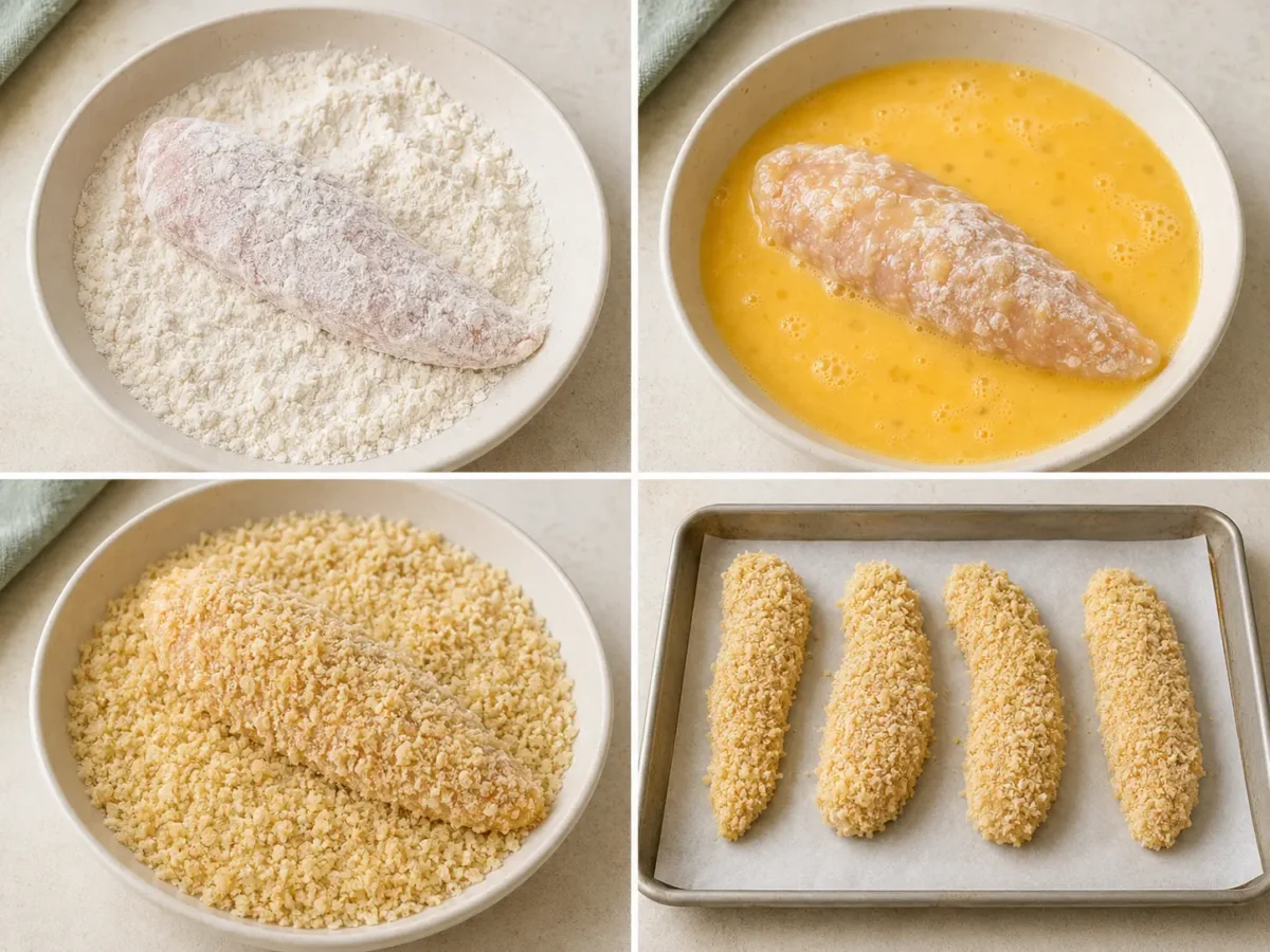 Chicken tenders coated in seasoned flour, beaten egg, and panko before baking