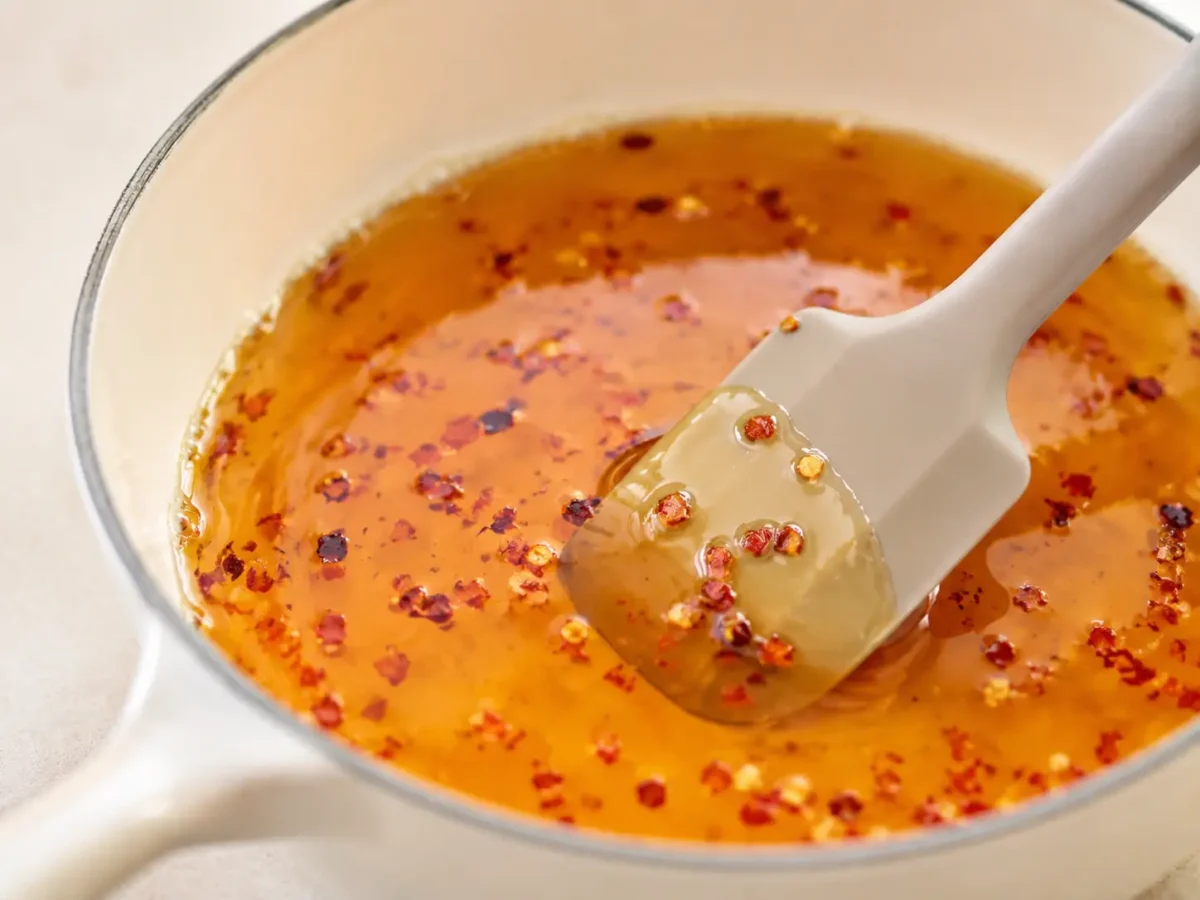 Honey and crushed red pepper flakes warming gently in a small saucepan 