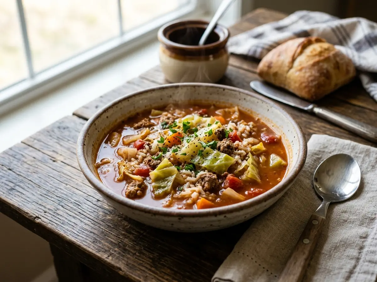 Slow Cooker Cabbage Roll Soup with ground beef cabbage rice and tomatoes