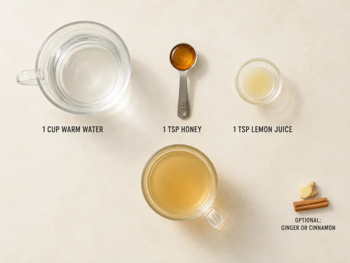 One cup warm water, one teaspoon honey, and one teaspoon lemon juice arranged beside the finished drink