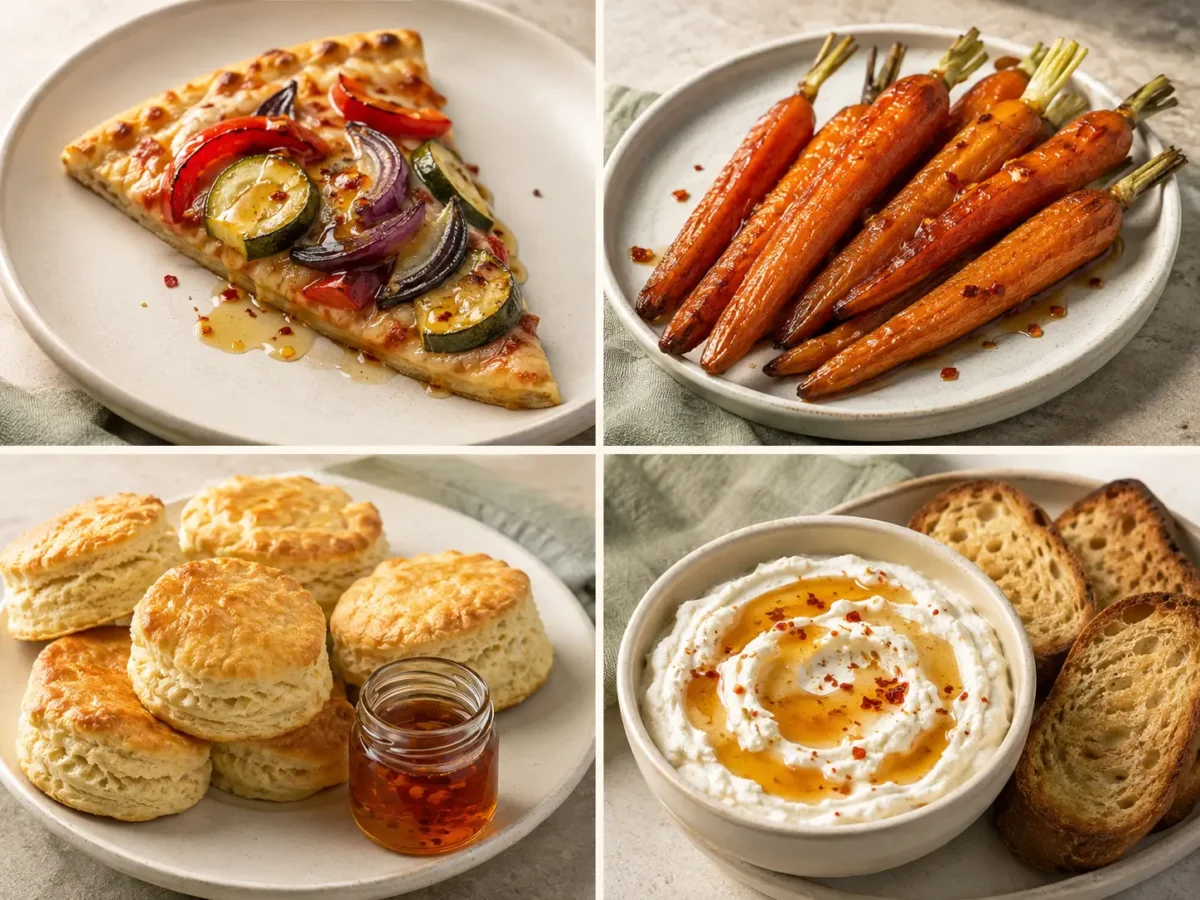 Hot honey served with pizza, roasted carrots, biscuits, and whipped ricotta 