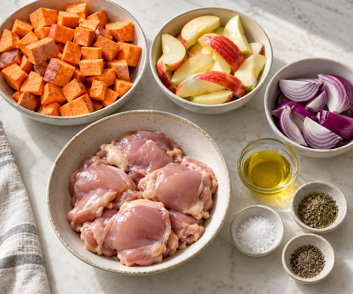 Ingredients for sheet pan chicken with apples and sweet potatoes — AI-generated illustration