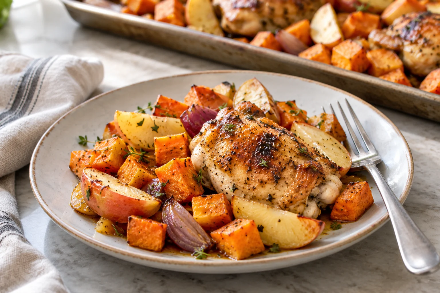 A serving of sheet pan chicken with apples and sweet potatoes — AI-generated illustration
