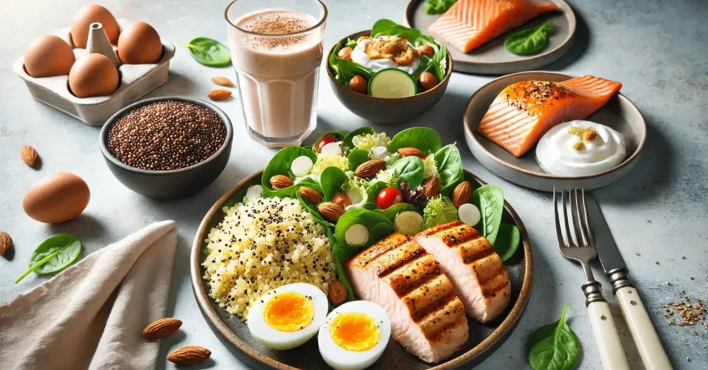 A variety of high-protein recipes meals including chicken, salmon, eggs, beans, yogurt, and vegetables