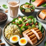 A variety of high-protein recipes meals including chicken, salmon, eggs, beans, yogurt, and vegetables