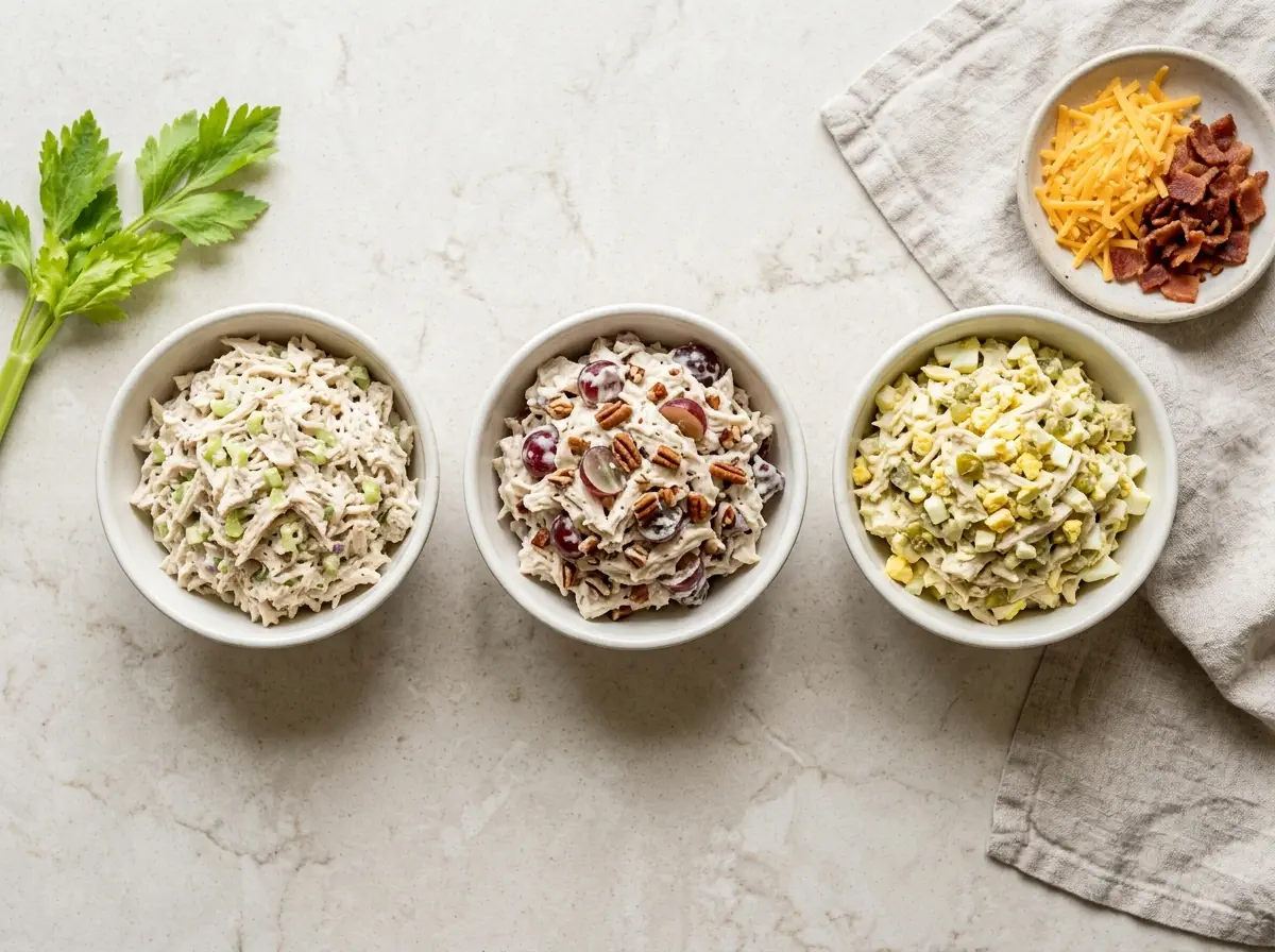 Three bowls of chicken salad featuring a classic celery version, grapes and pecans, and a Southern-style egg and pickle variation.