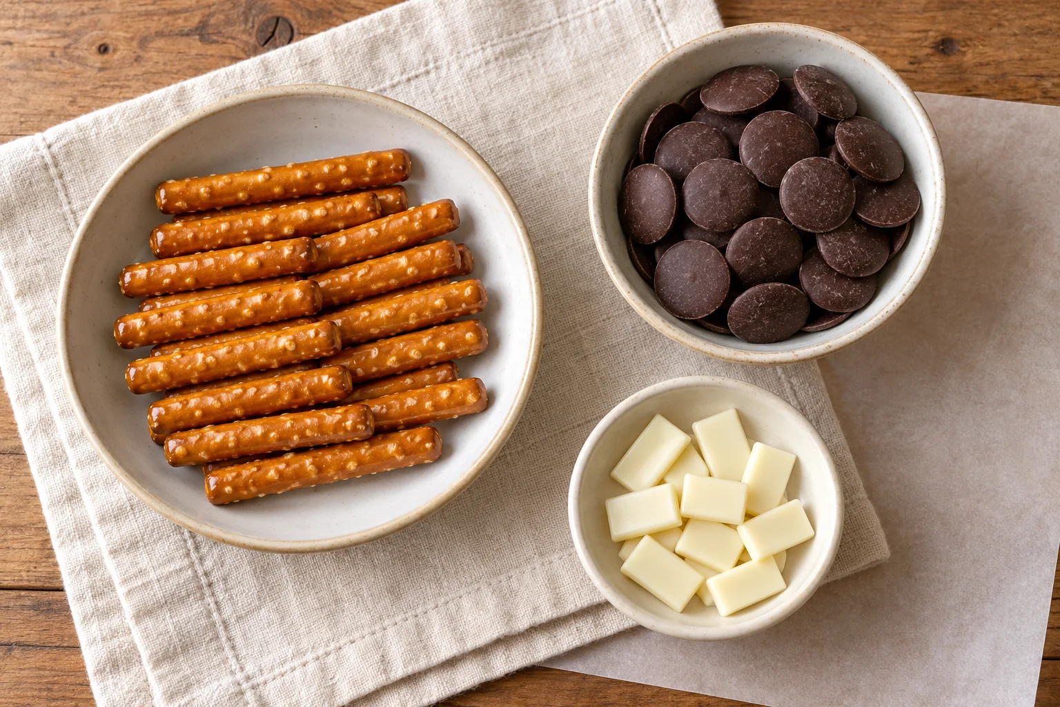 Pretzel rods, dark chocolate wafers and white chocolate candy nails