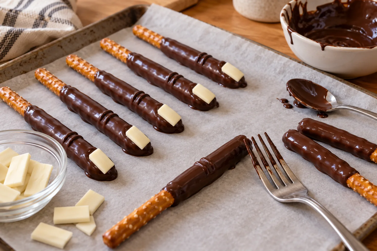 Chocolate-coated pretzel fingers being decorated with candy nails and knuckle marks