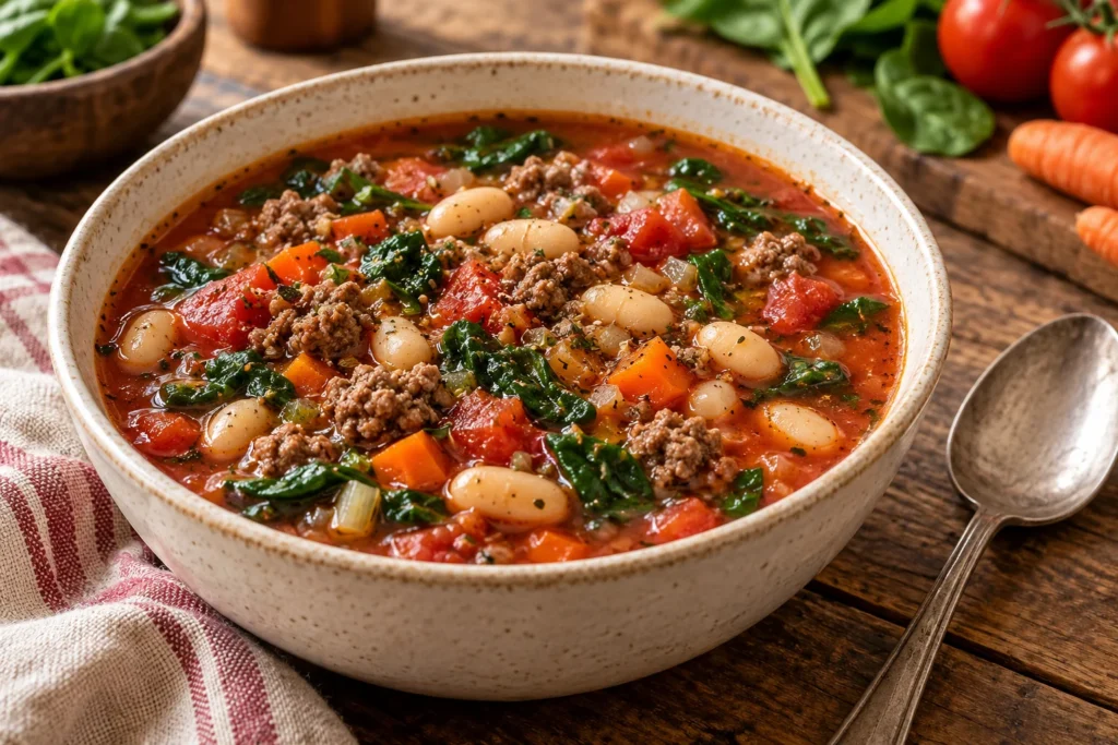 Hamburger white bean soup with ground beef, tomatoes, carrots and spinach