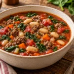 Hamburger white bean soup with ground beef, tomatoes, carrots and spinach