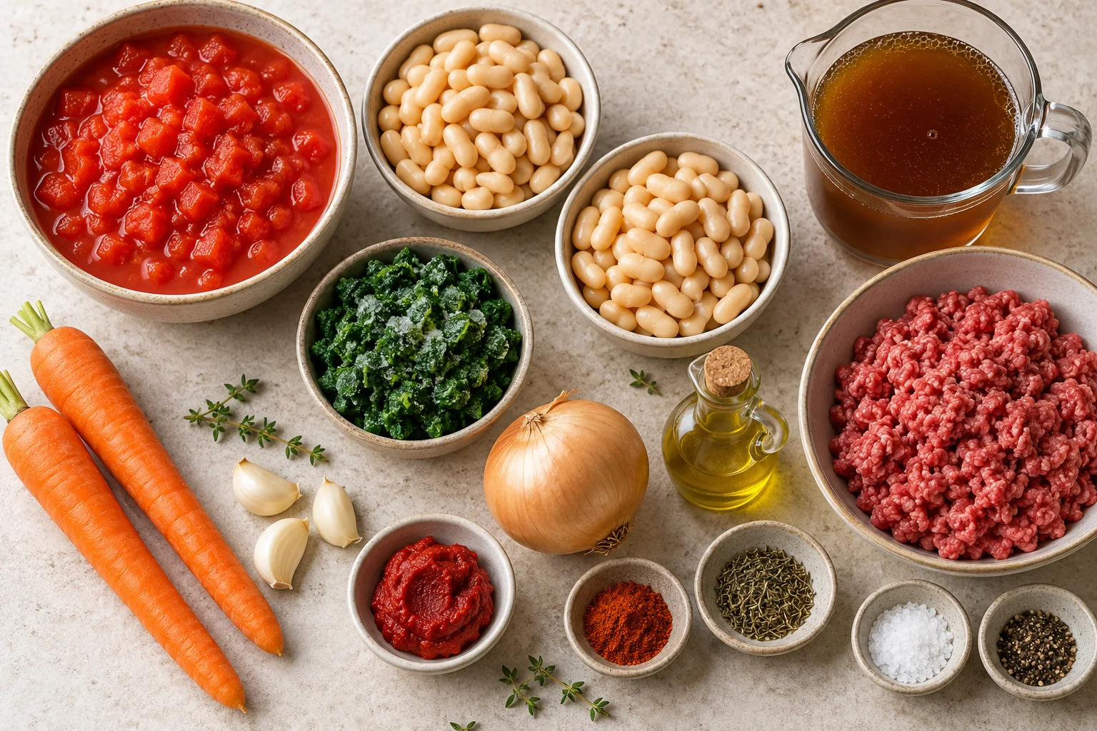 Ground beef, white beans, tomatoes, spinach, carrots and other soup ingredients