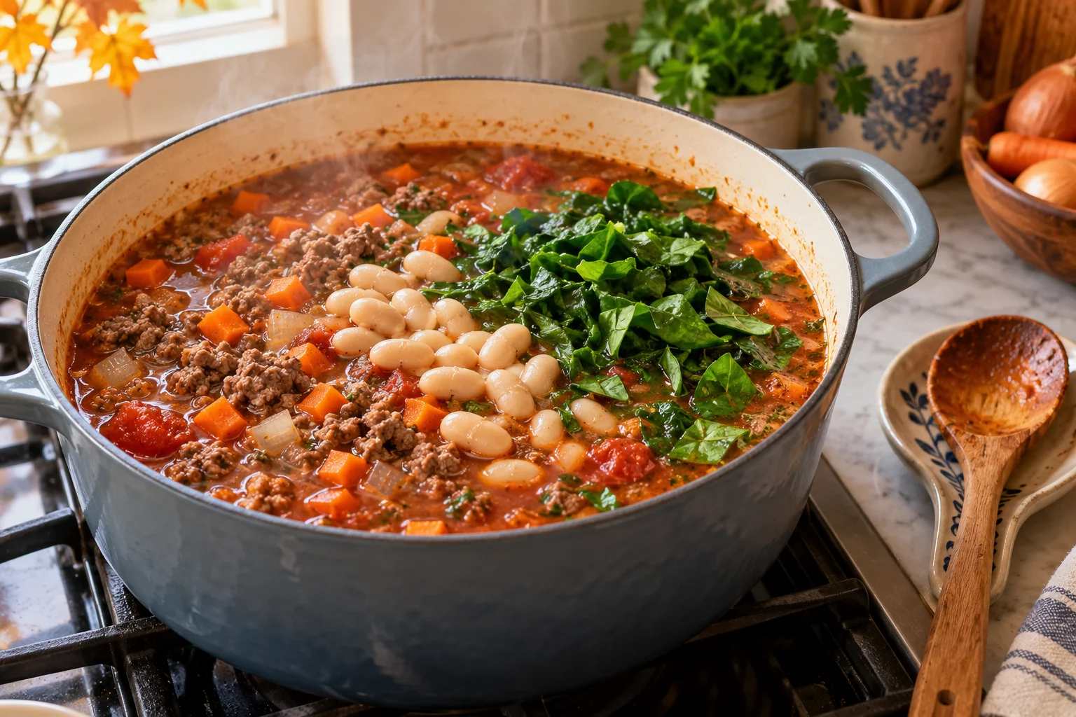 White beans and spinach added to simmering ground beef and tomato soup