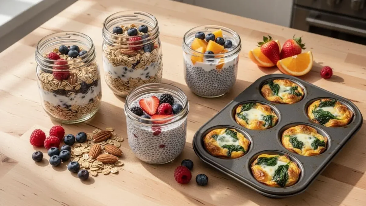 Cottage cheese pancakes, Greek yogurt overnight oats, and spinach egg