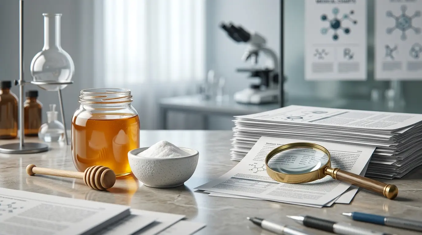 Honey and baking soda beside scientific research papers