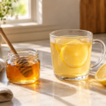 Honey jar beside a warm honey and lemon drink
