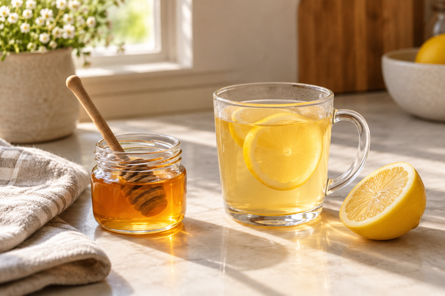 Honey jar and honey-lemon drink illustrating a discussion of online honey trick videos