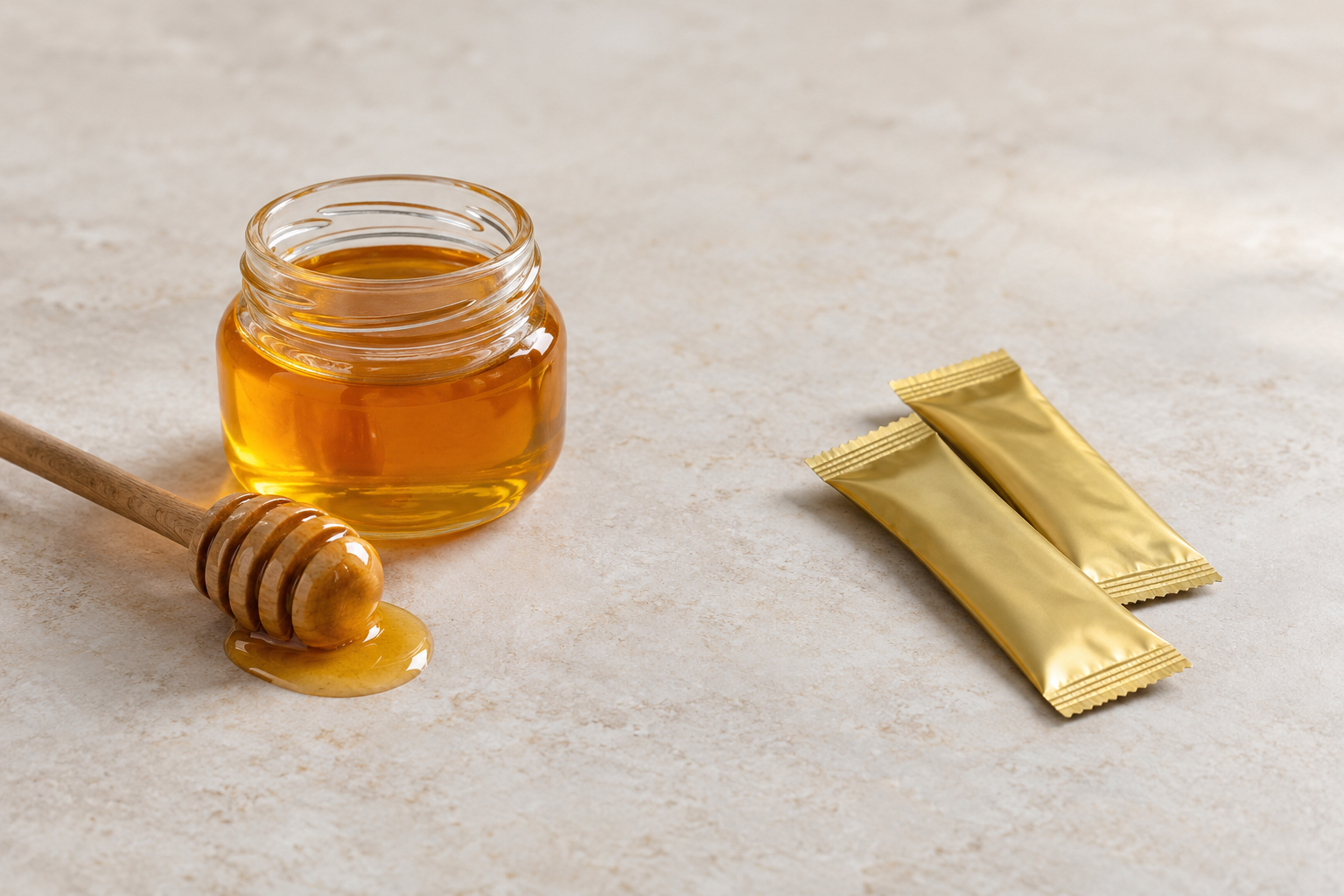 Ordinary honey beside two plain gold sachets, illustrating different product categories