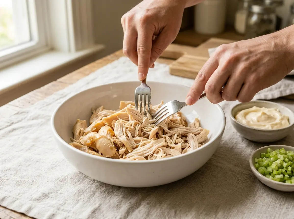Finely shredded chicken being mixed with mayonnaise and minced celery in a bowl.
