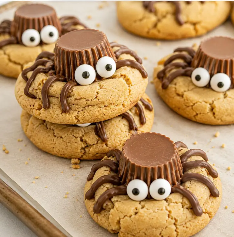 Peanut butter spider cookies topped with mini peanut butter cups,