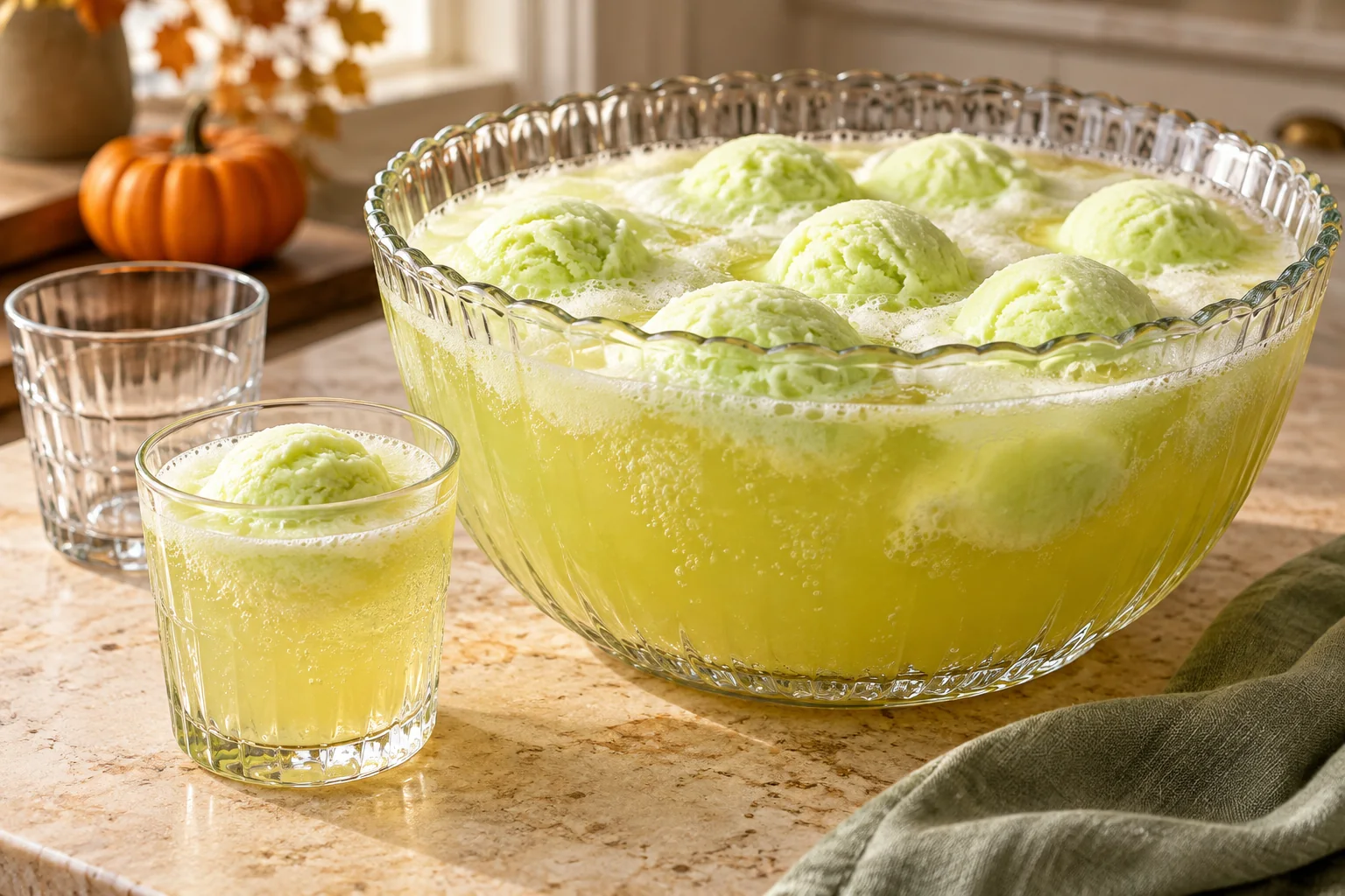 Witches brew punch with lime sherbet in a glass bowl and serving glass