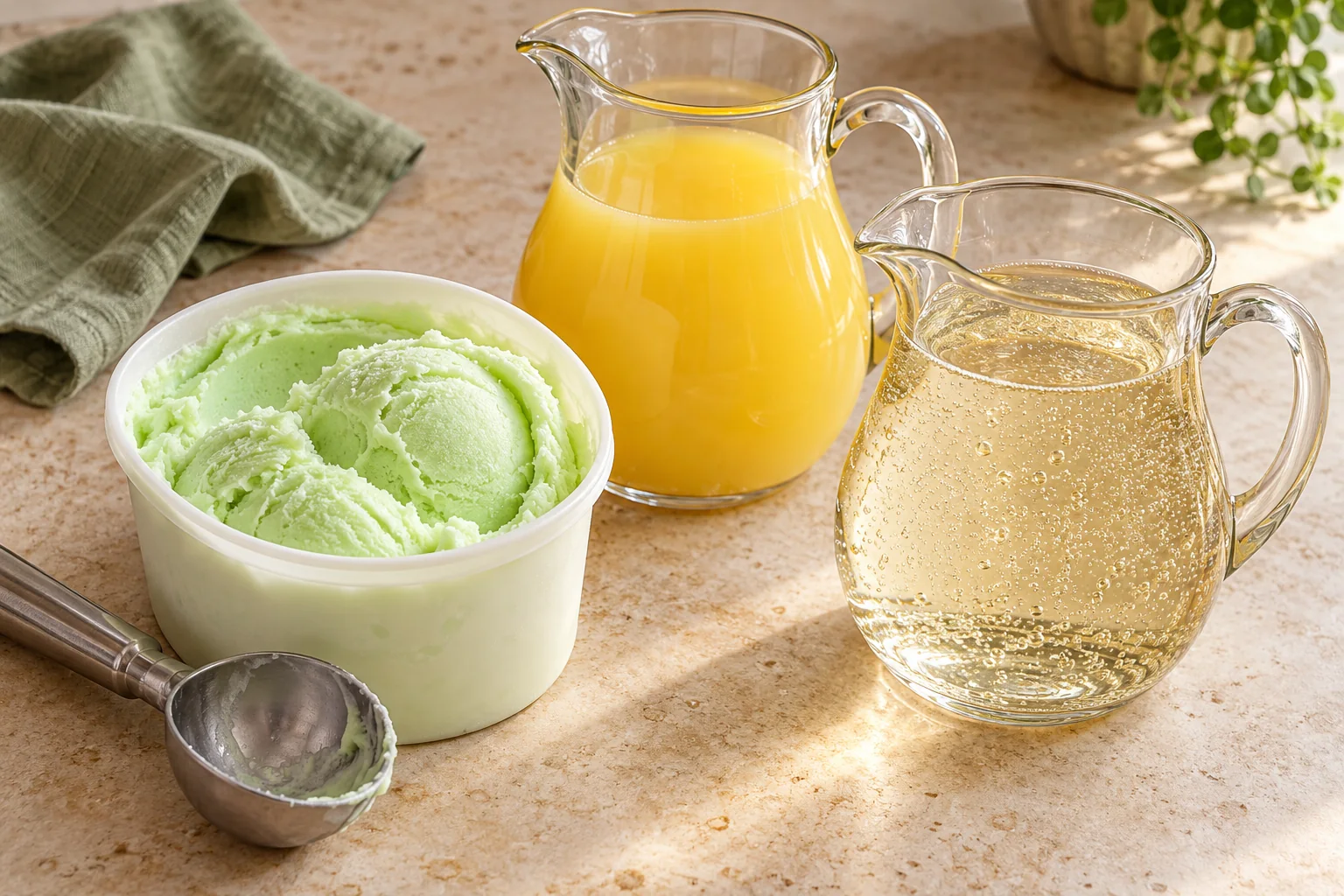 Lime sherbet, pineapple juice and ginger ale for witches brew punch