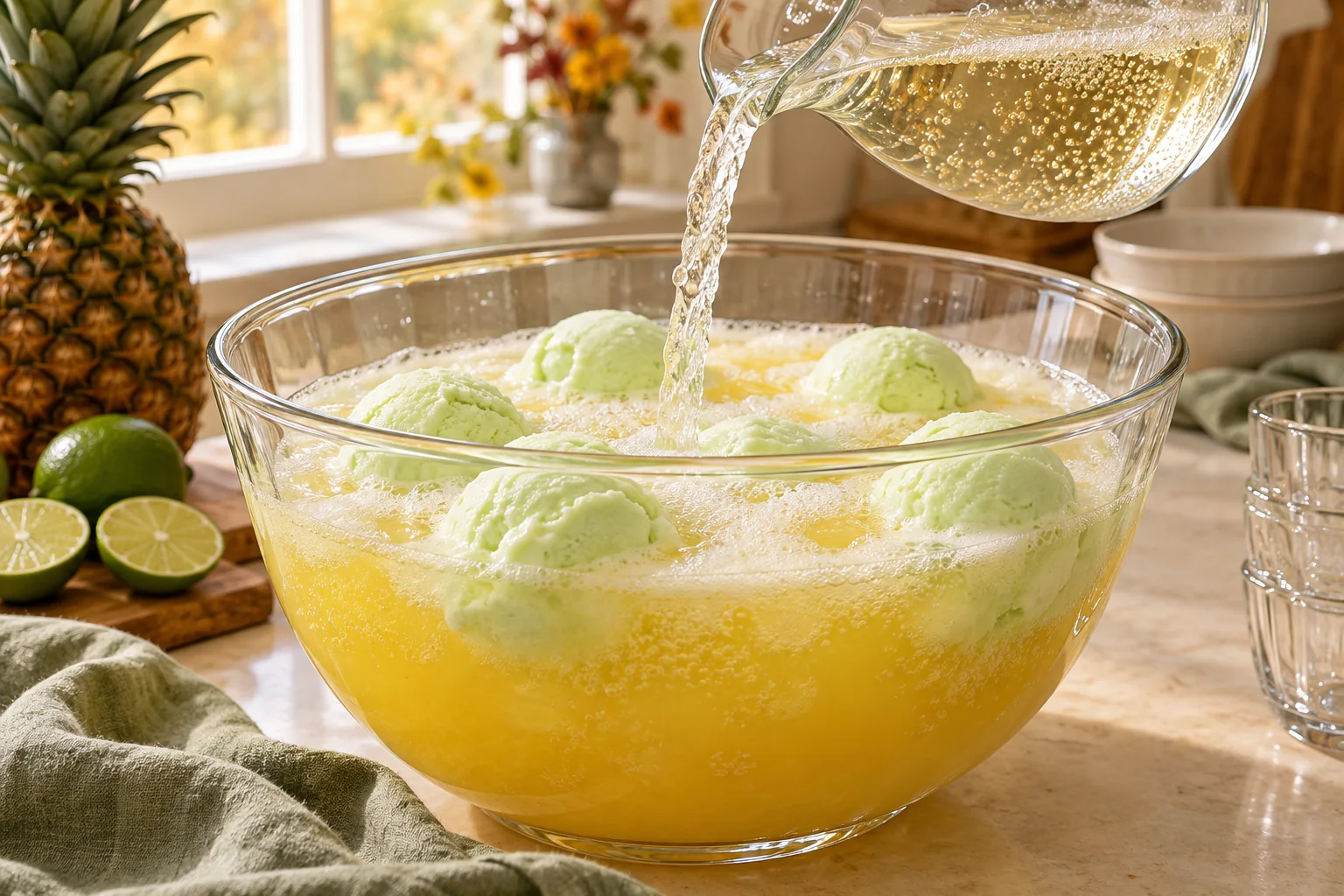 Pouring ginger ale over lime sherbet and pineapple juice